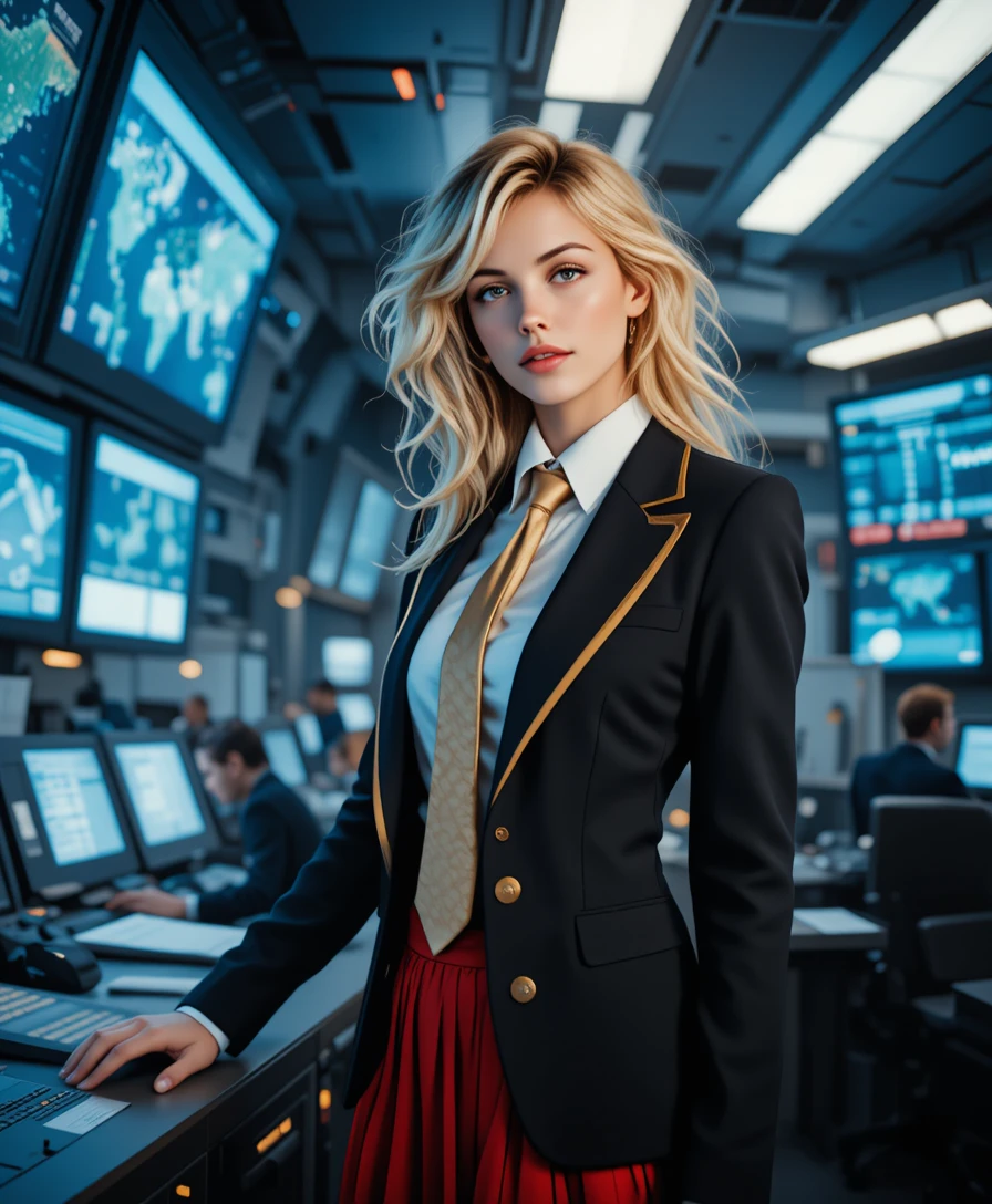 Blonde officer in red skirt in military command center