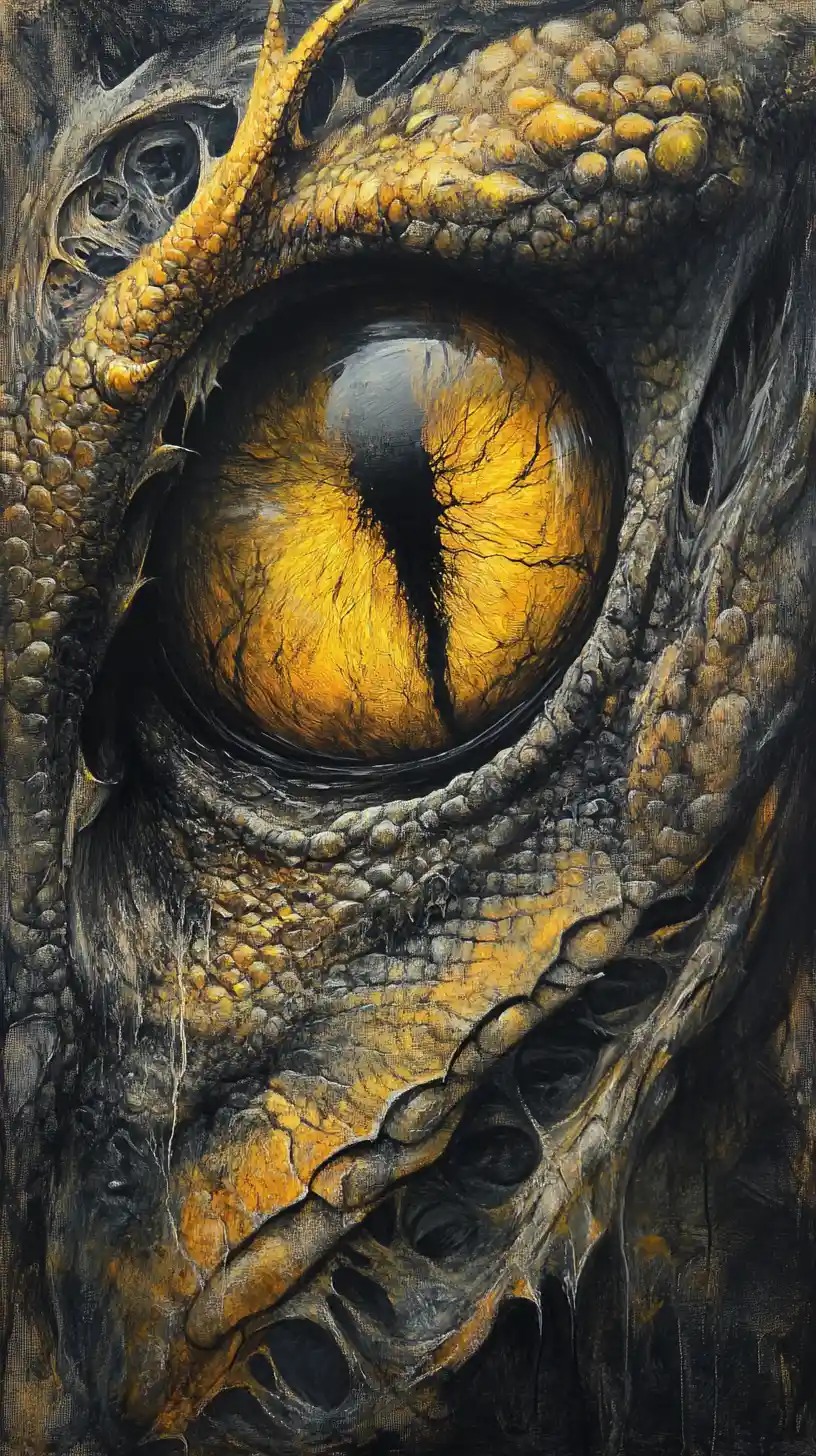 Abstract dragon eyes in bold yellow black and bronze tones