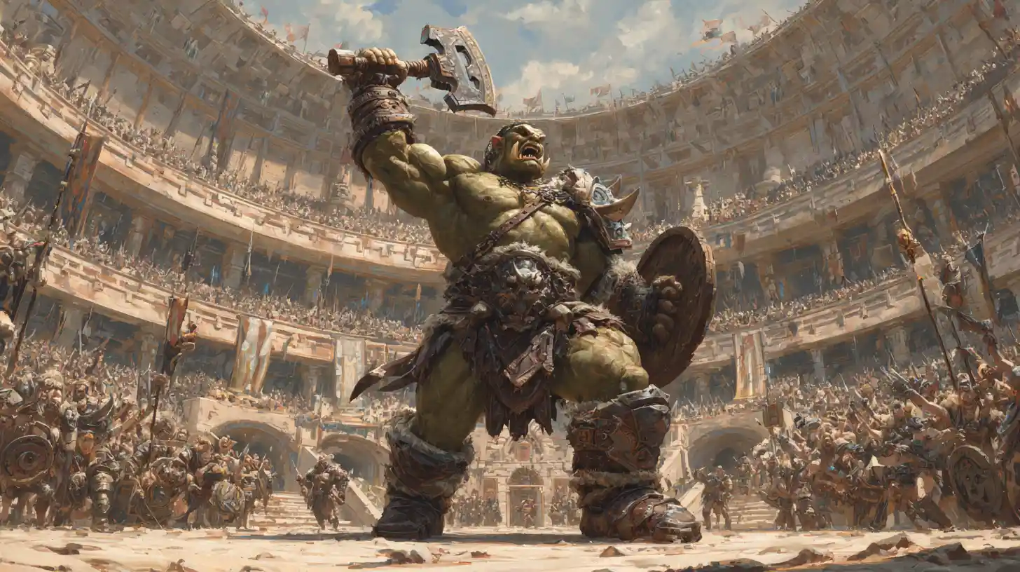Orc gladiator warrior celebrating victory in a vast arena