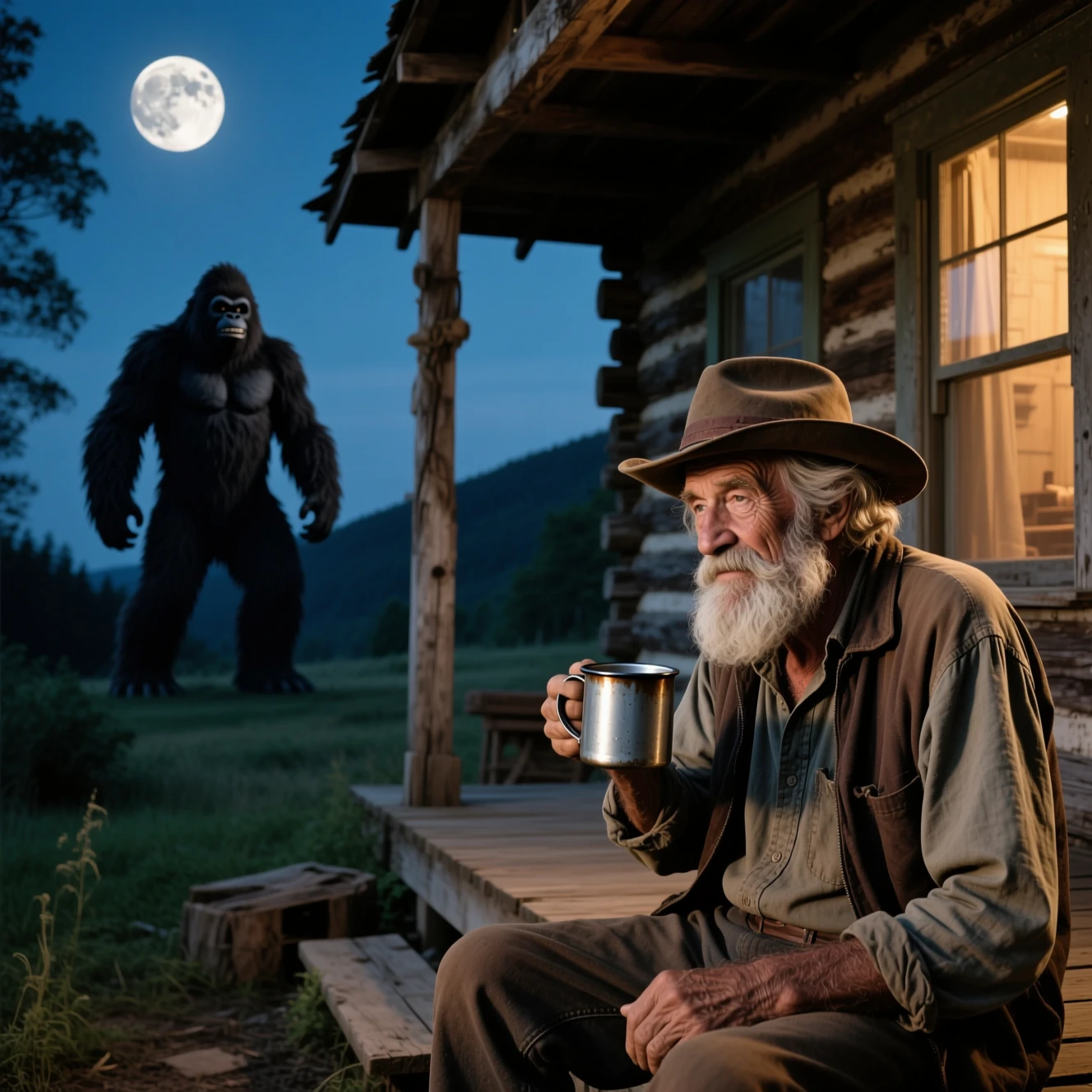 Old man drinking coffee on rustic cabin porch at night