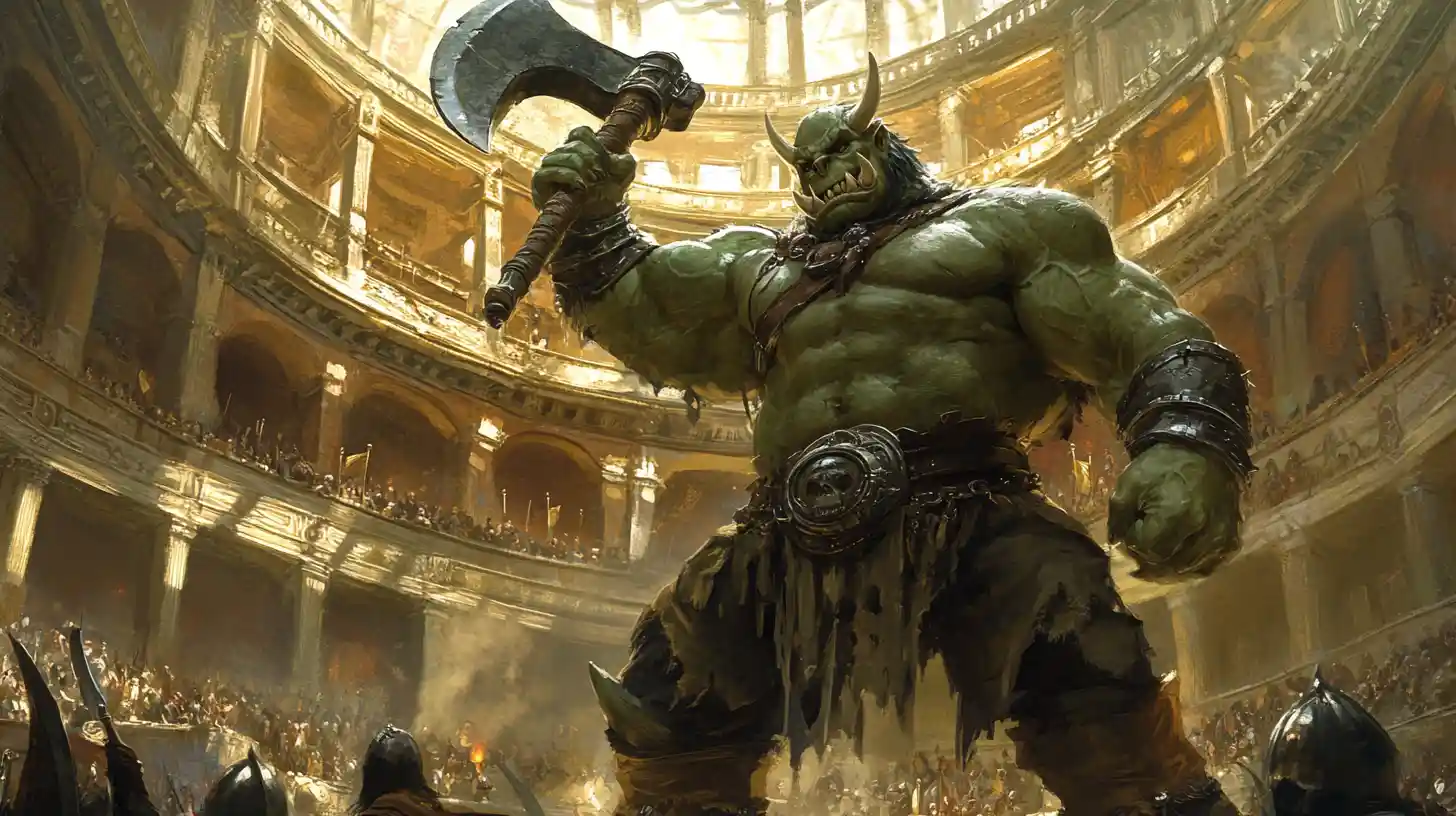 Orc warrior raising battle axe in vast gladiator arena