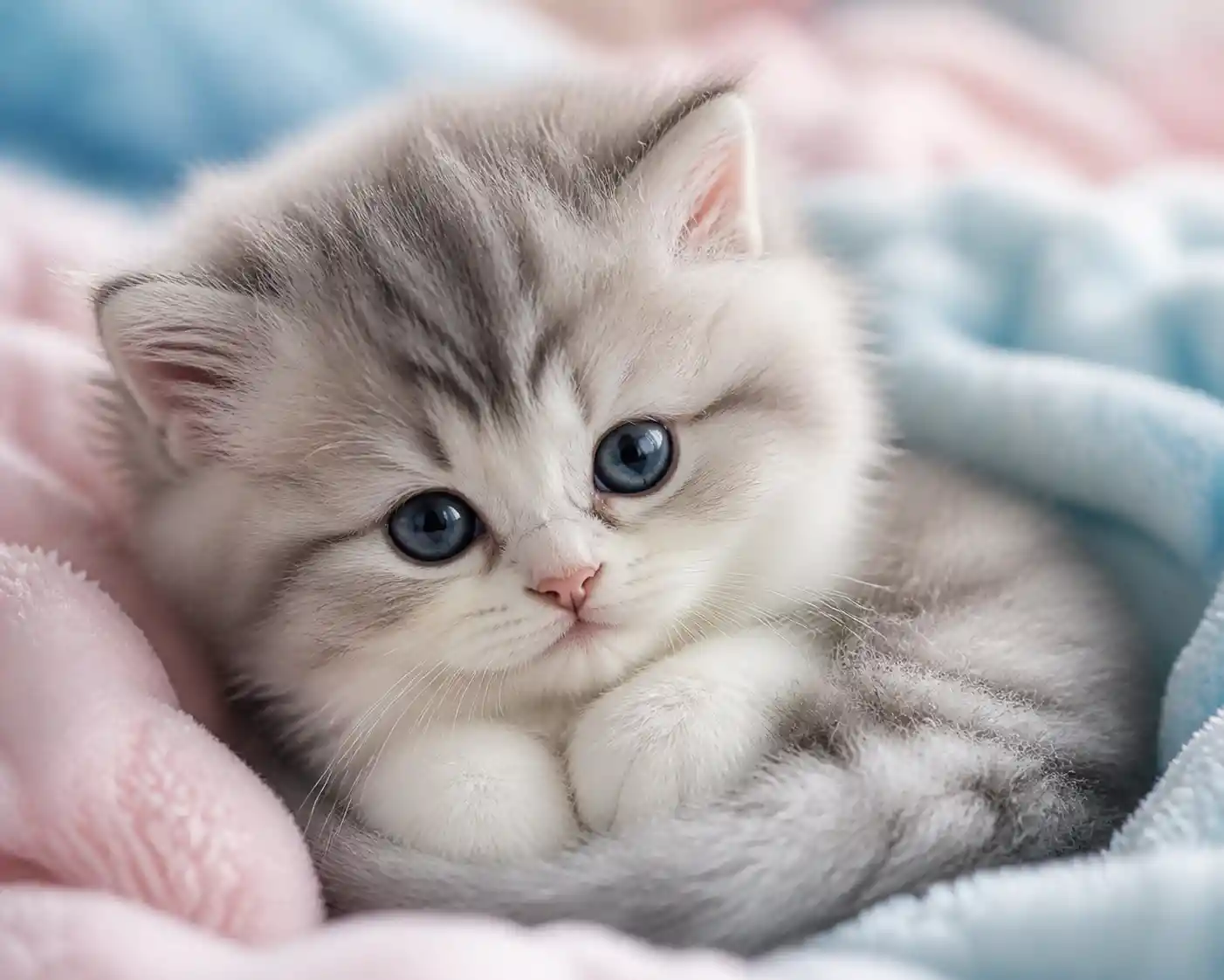 Fluffy Blue Eyed Kitten Resting On Pastel Blanket