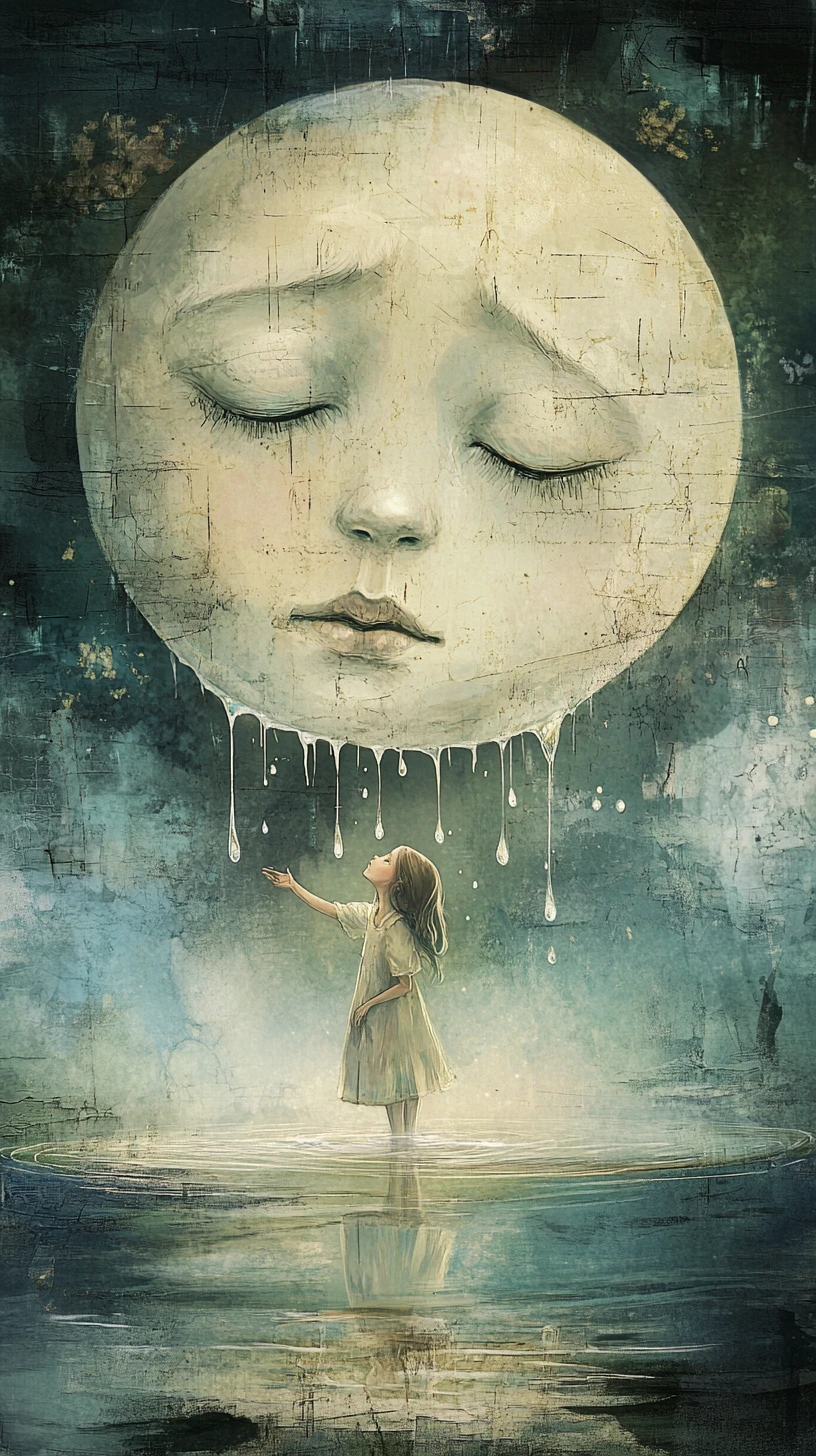 Girl catching glowing tears from a sorrowful moon face