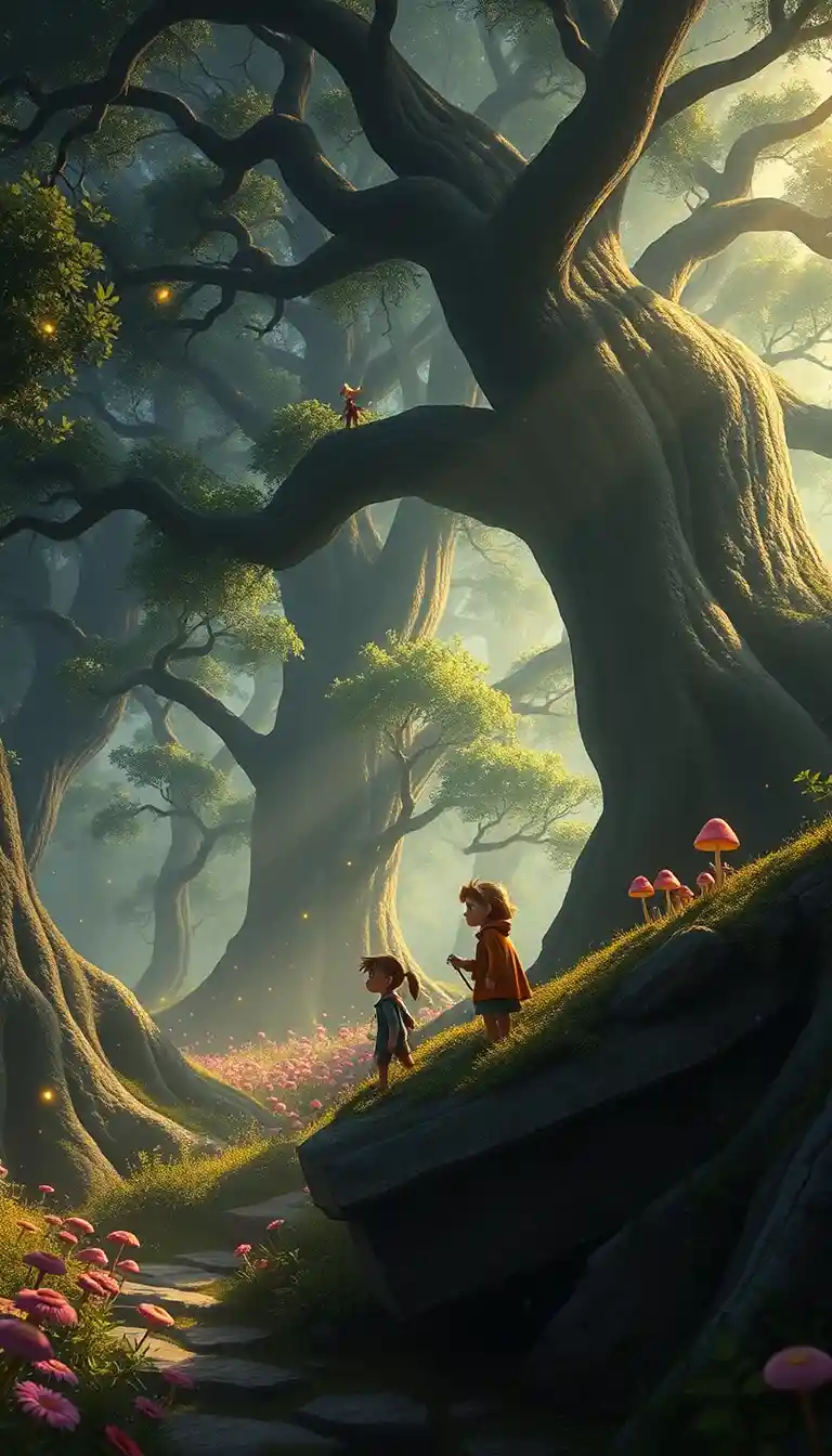 Children and animals in an enchanted glowing forest clearing