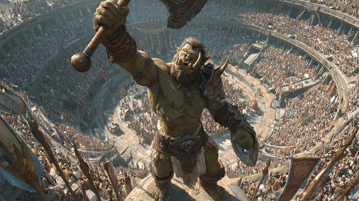 Orc warrior celebrating victory in a vast gladiator arena