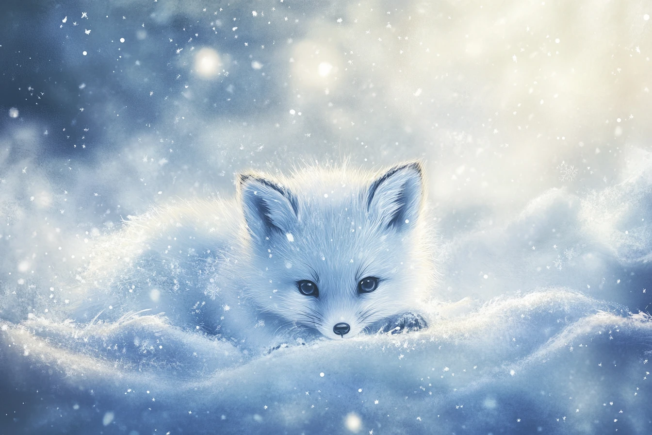 Cute arctic fox kit playing in soft falling snow
