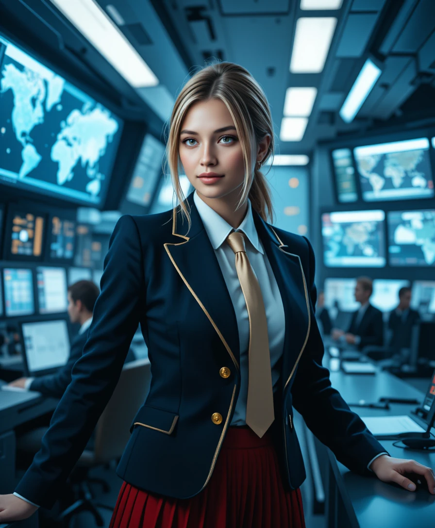 Blonde officer in control room with digital war screens
