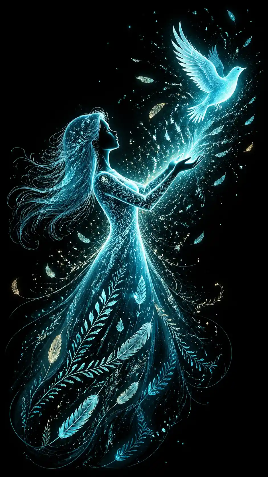 Glowing Woman Silhouette Releasing A Luminous Bird Of Light