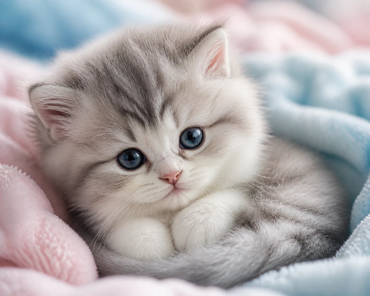 Fluffy Blue Eyed Kitten Resting On Pastel Blanket