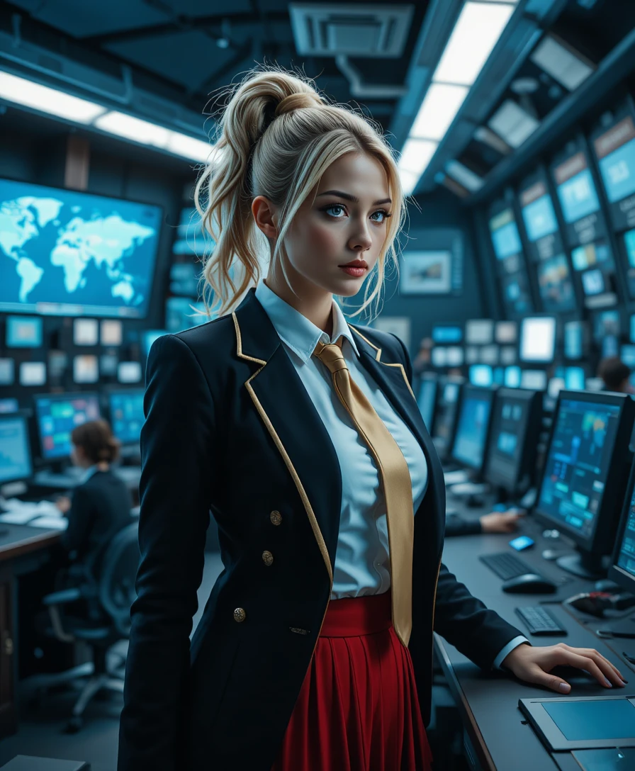 Blonde officer in red skirt in military command center