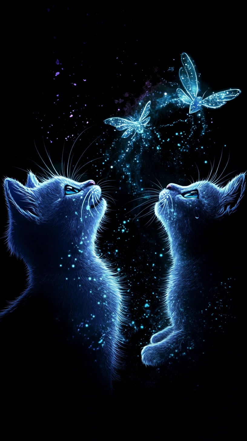 Glowing kitten silhouettes chasing insects in magical darkness