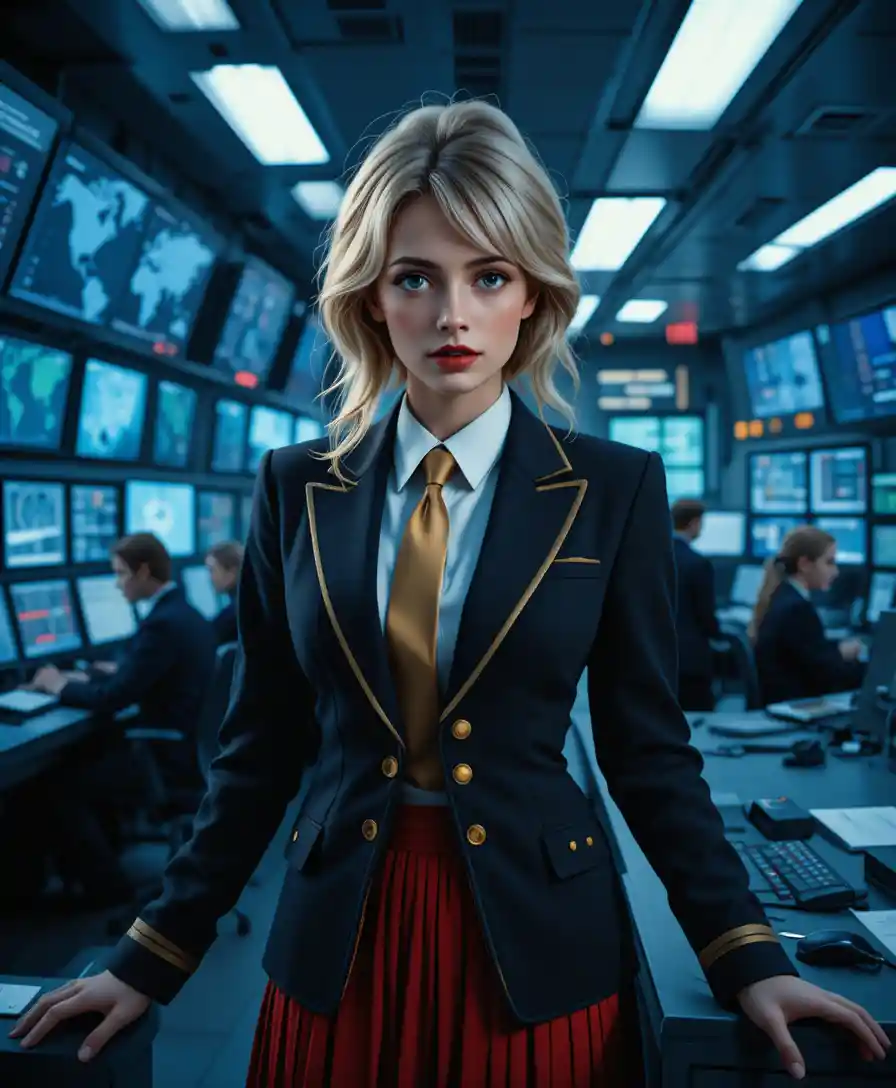 Blonde officer in red skirt in high tech command center