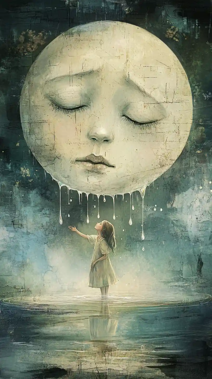 Girl catching glowing tears from a sorrowful moon face