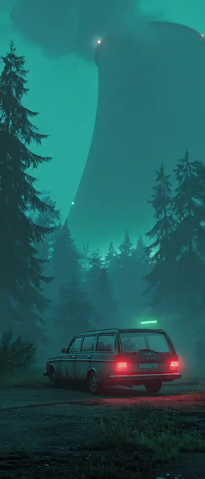 Rusty station wagon on dusk road with glowing tower