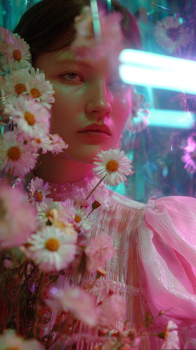 Woman in pink dress framed by blossoms and neon light