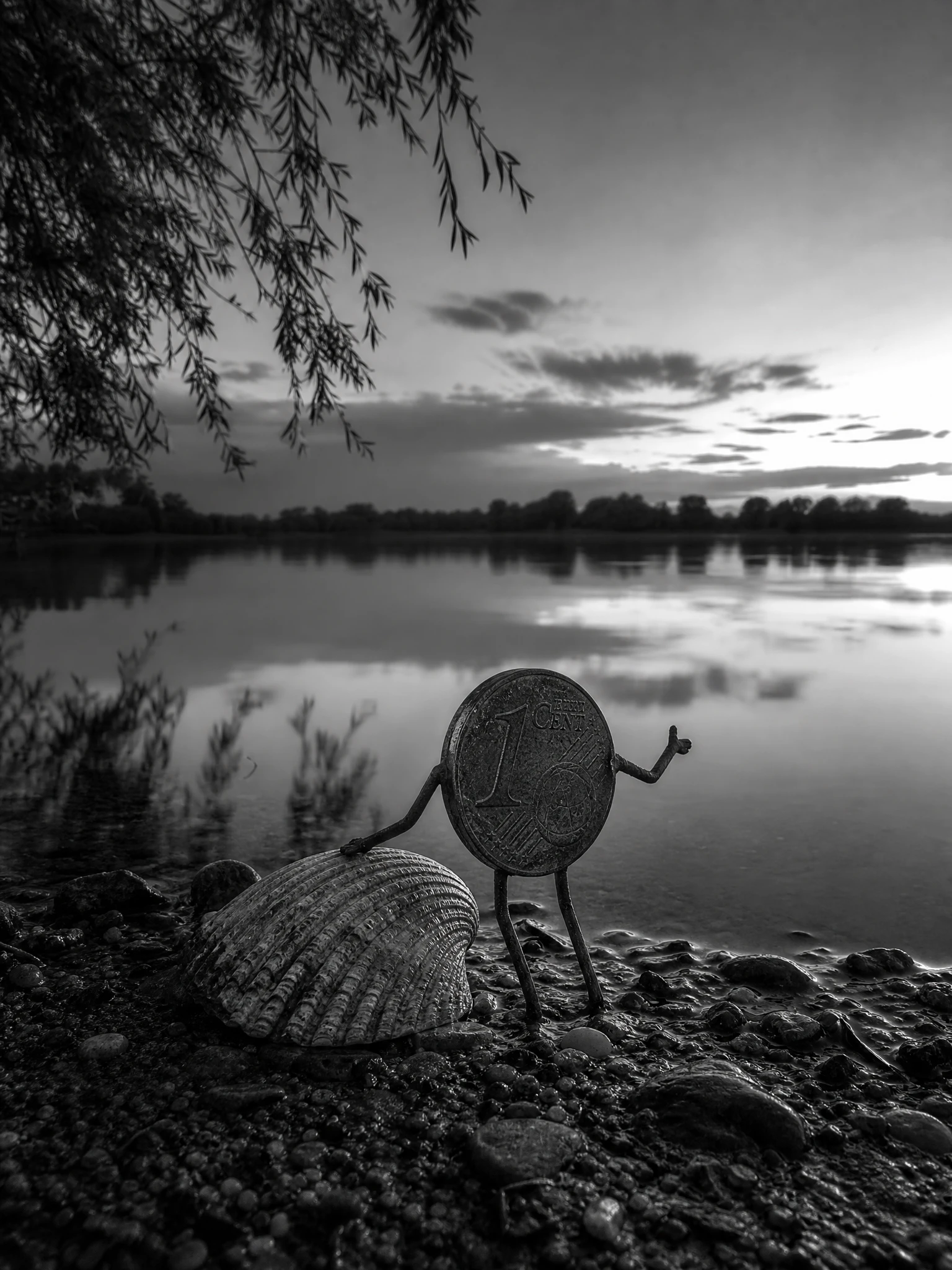 Lonely one cent coin with limbs by a calm river