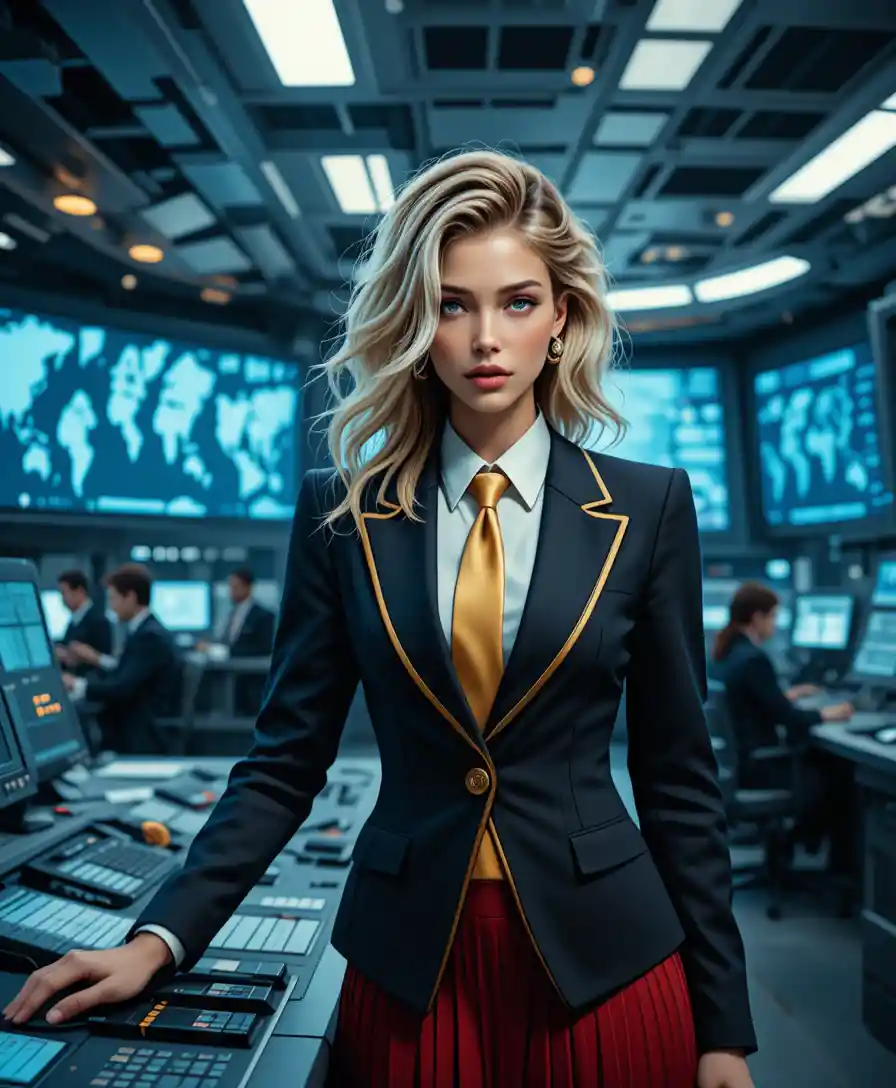 Blonde officer in red skirt in military command center