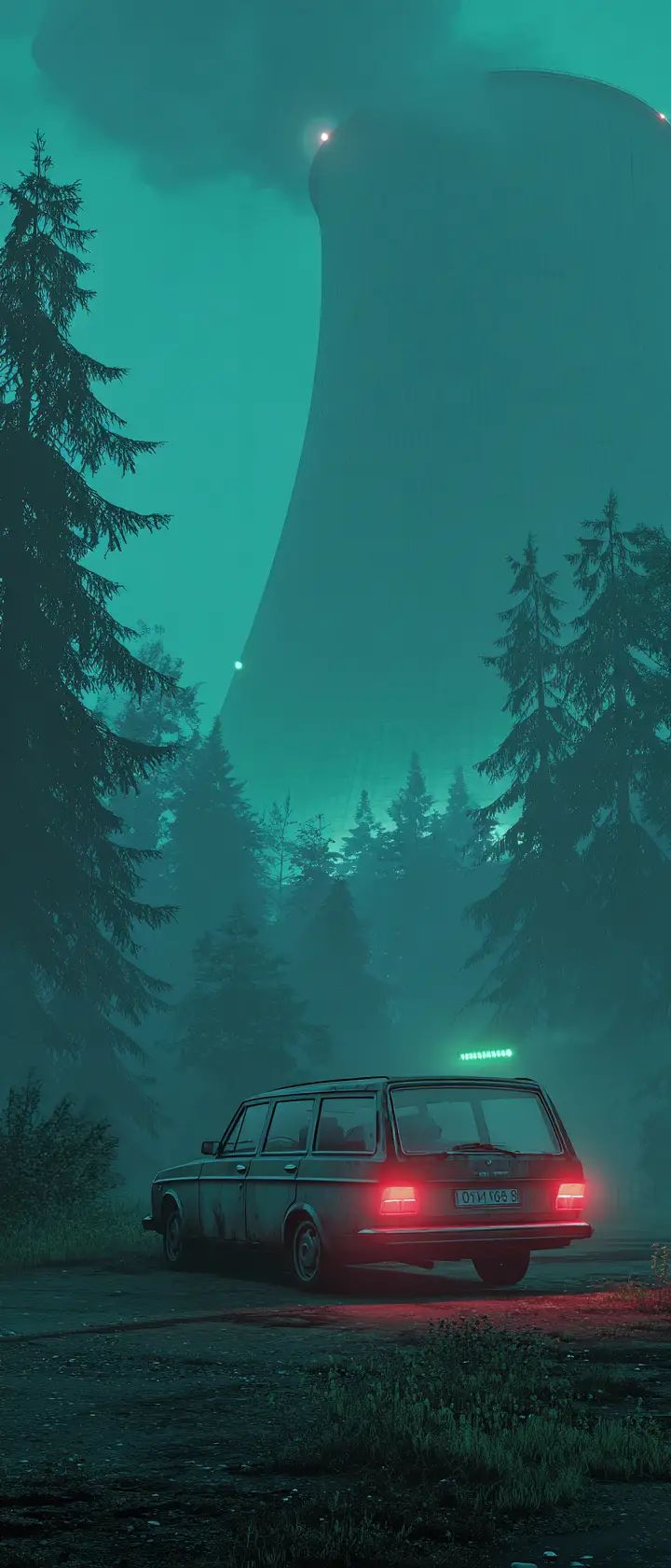 Rusty station wagon on dusk road with glowing tower
