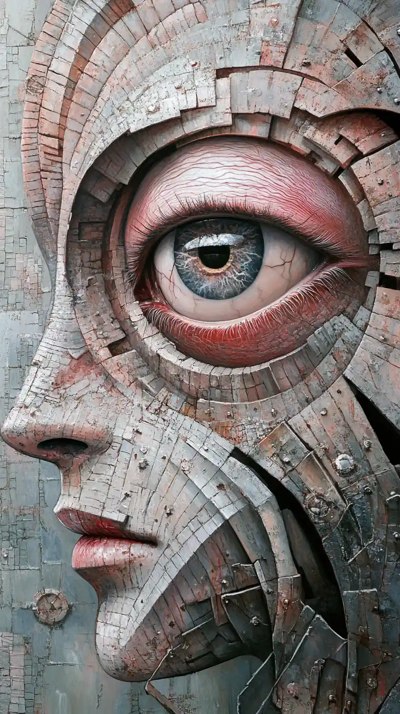 Surreal mixed media figure with large eyes and illusions