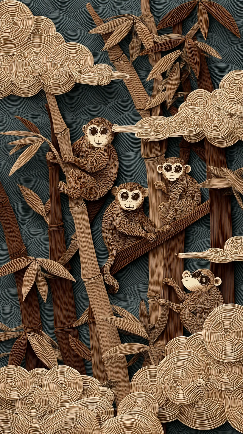 Monos de papercraft en una tranquila escena de bosque de bambú