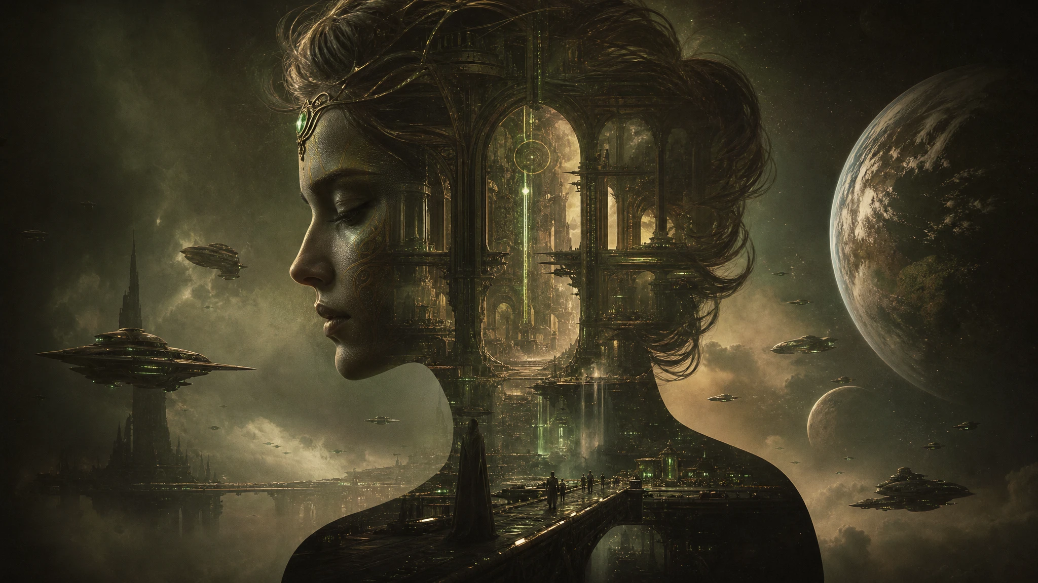 Celestial goddess double exposure with futuristic interior