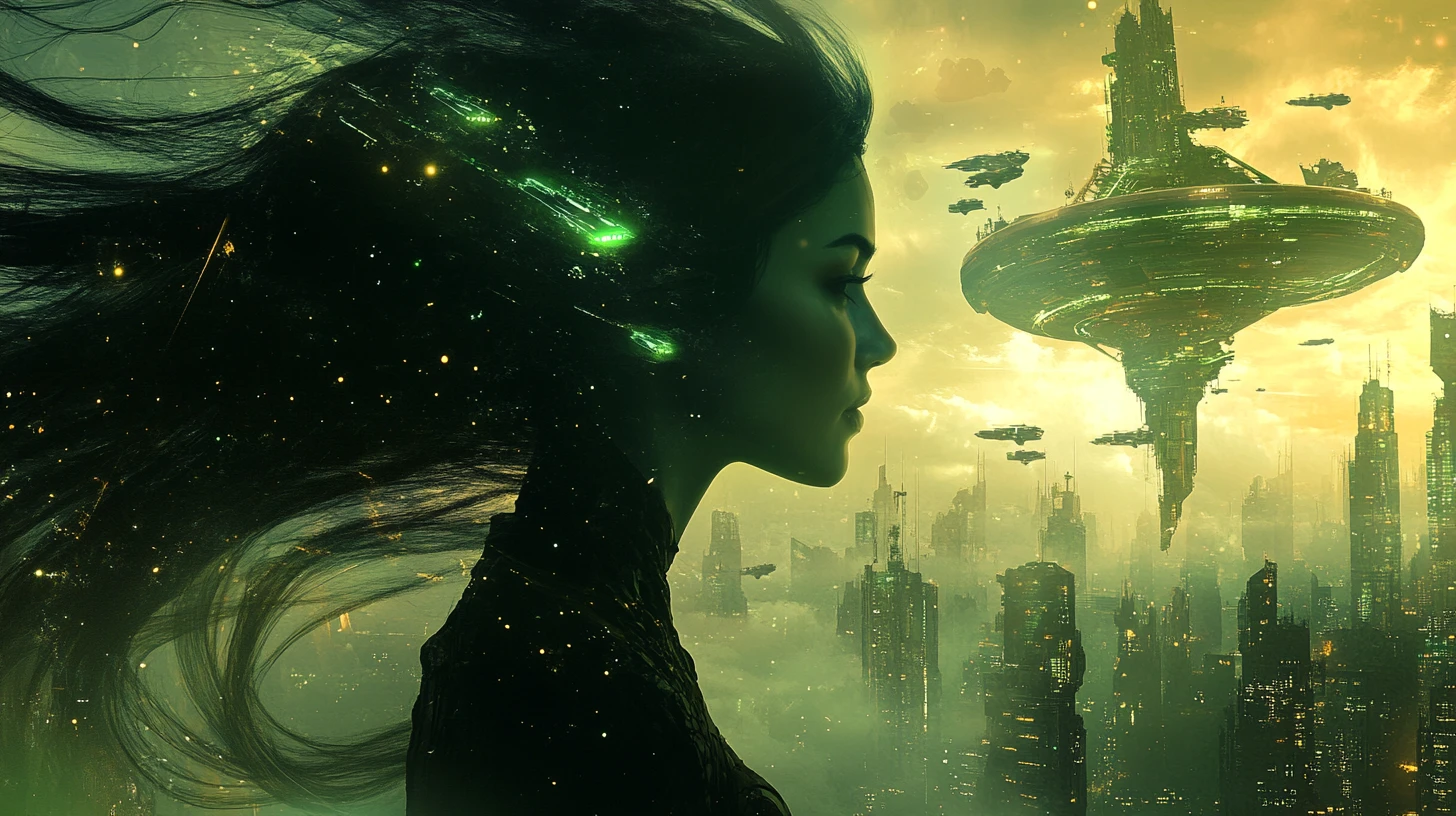 Celestial goddess double exposure portrait with sci fi interior