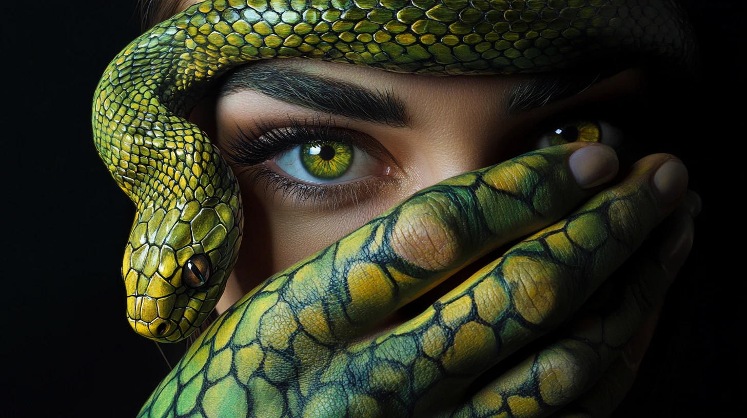 Close up face with hands painted as a coiled snake