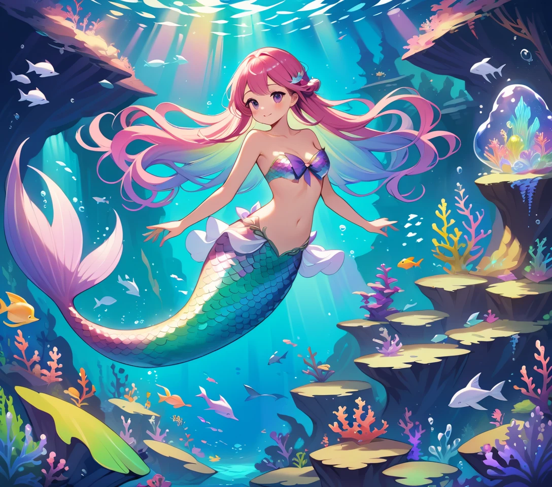 Mermaid With Rainbow Hair In Mystical Underwater Kingdom