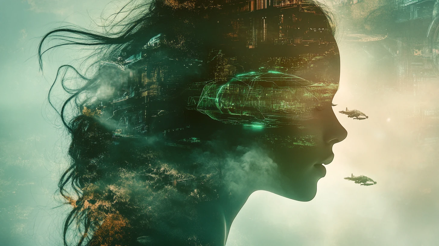 Celestial goddess portrait with sci fi city within silhouette