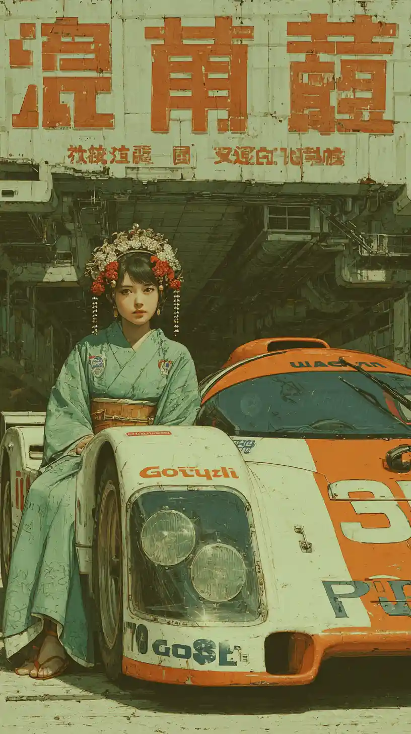 Chica de anime junto a coche de carreras en ciudad japonesa retro