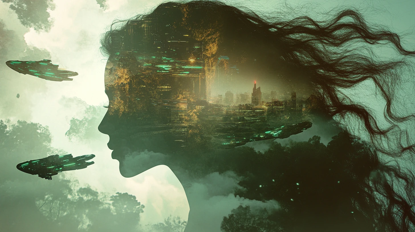 Celestial goddess portrait with sci fi city silhouette