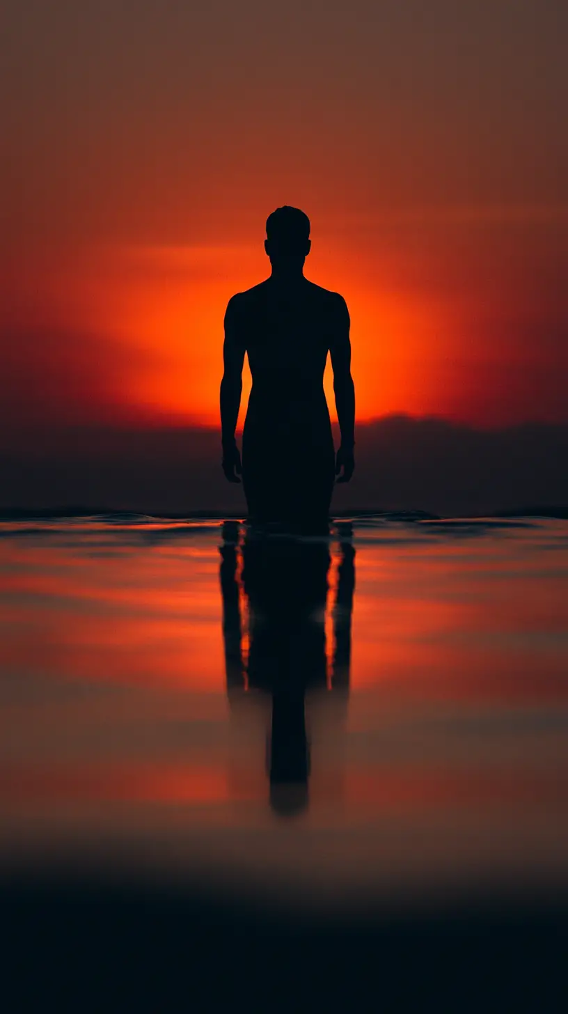 Figura en silueta fusionándose con una sombra tranquila al atardecer