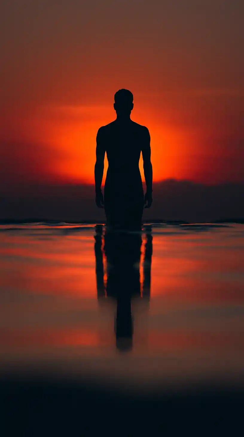 Silhouetted figure merging with a tranquil shadow at sunset