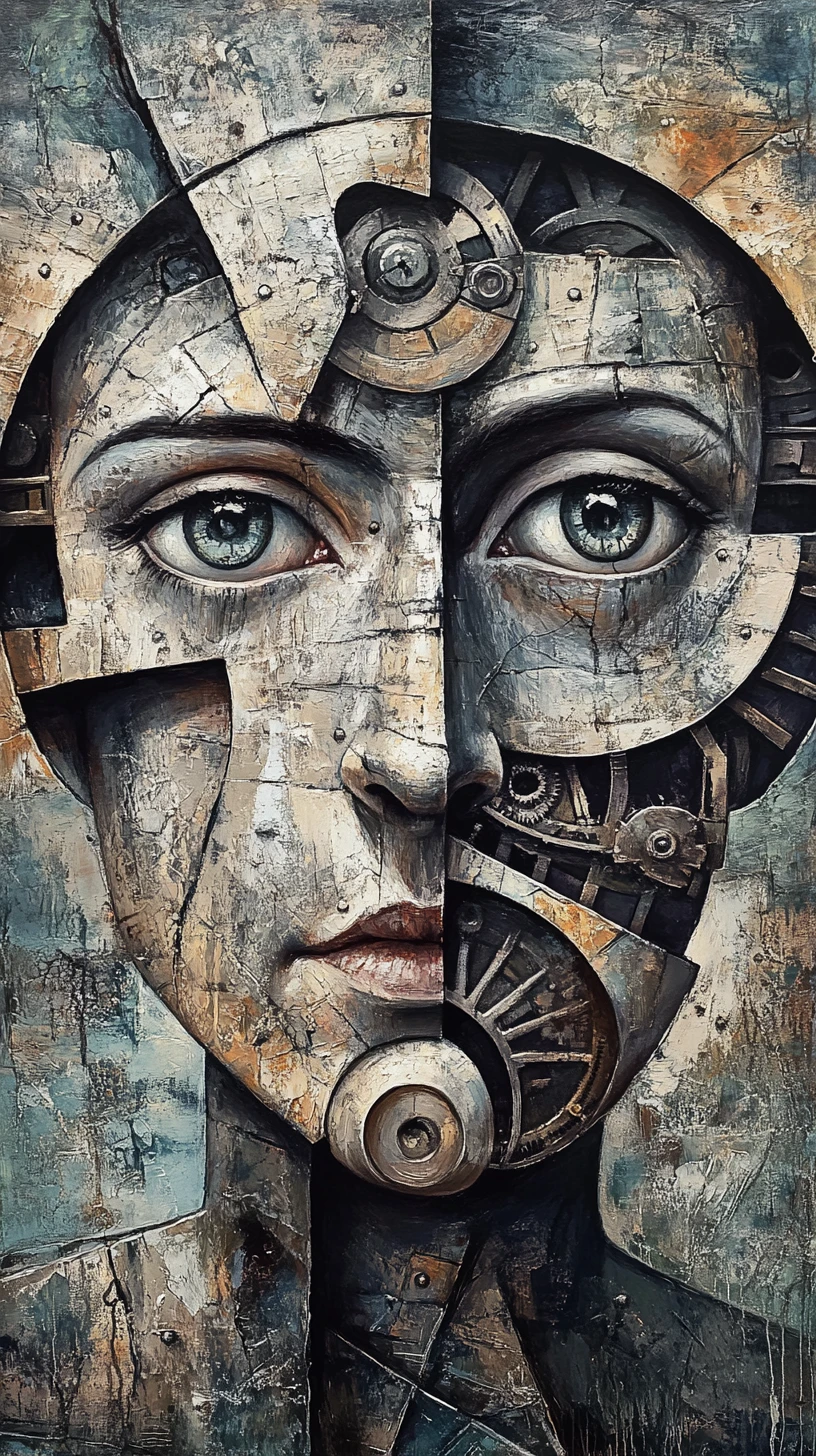 Surreal cubist portrait of fragmented mechanical human faces