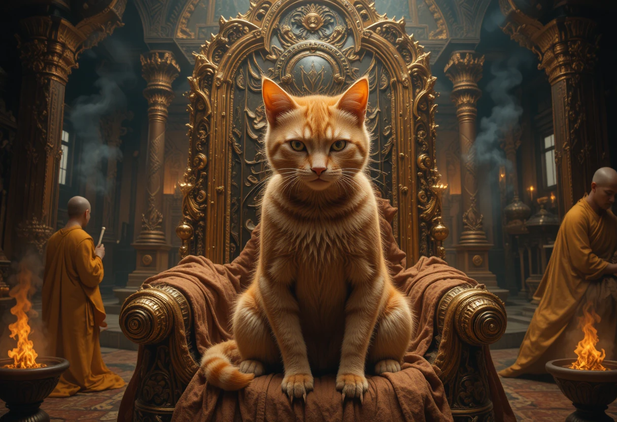 Surreal ginger cat ruling from a golden throne