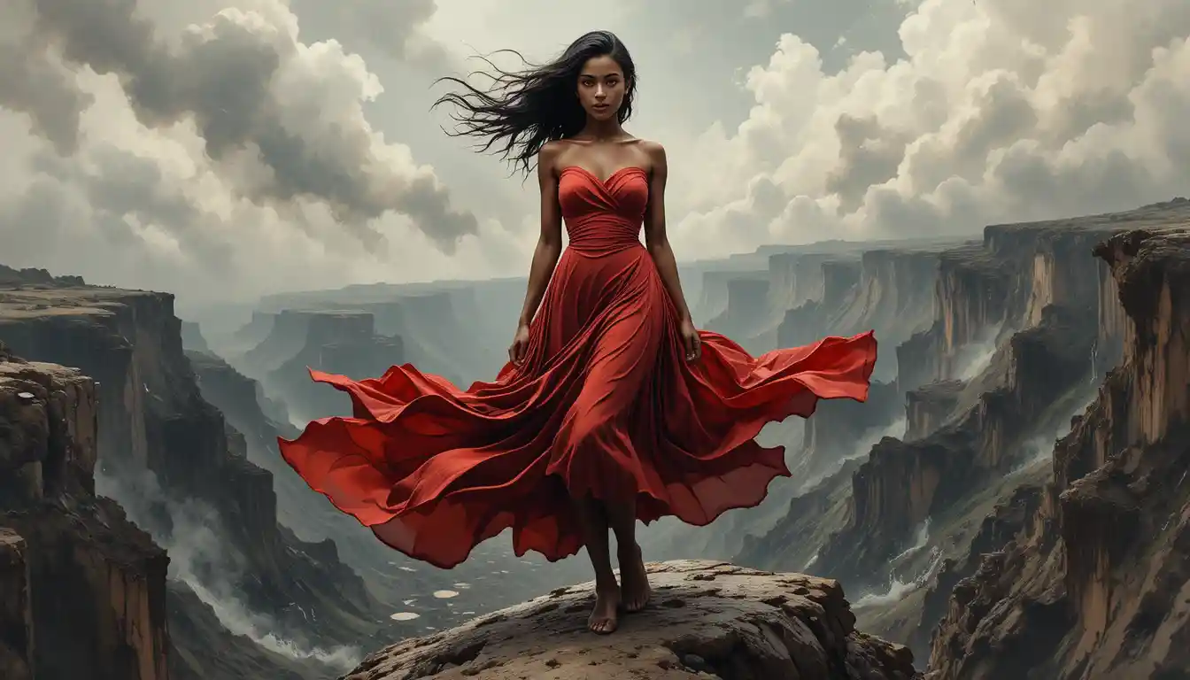 Woman in crimson dress standing on a windswept cliff edge