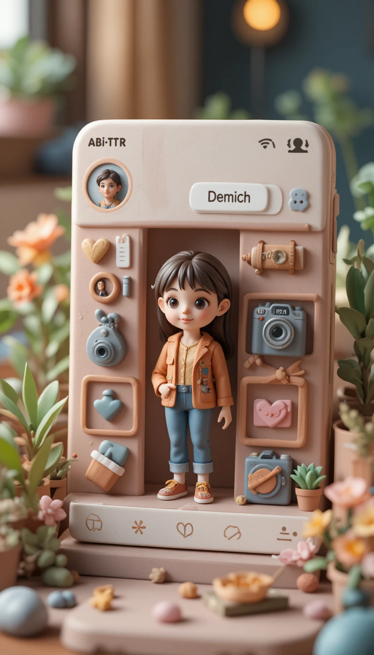 Clay diorama of an instagram profile with cute 3d woman