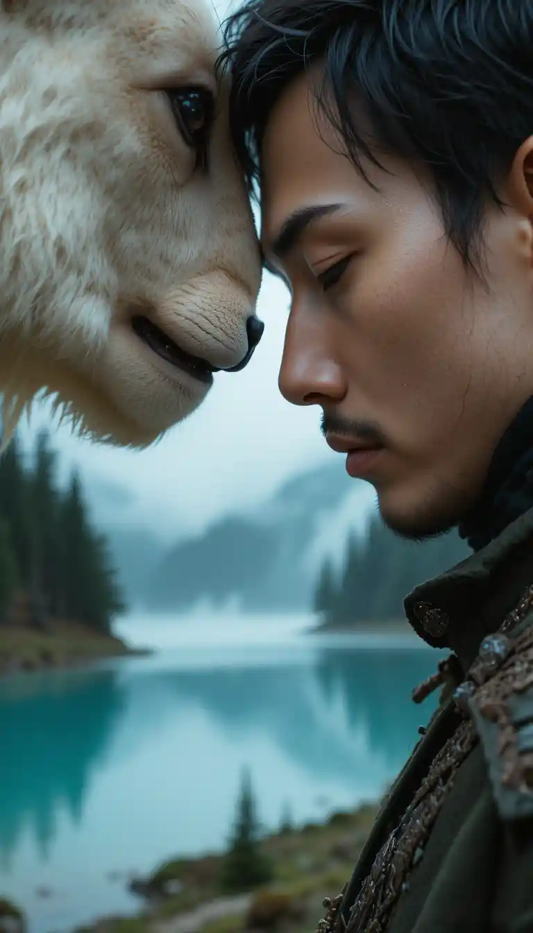 Extreme close up portrait of woman nuzzling wild animal
