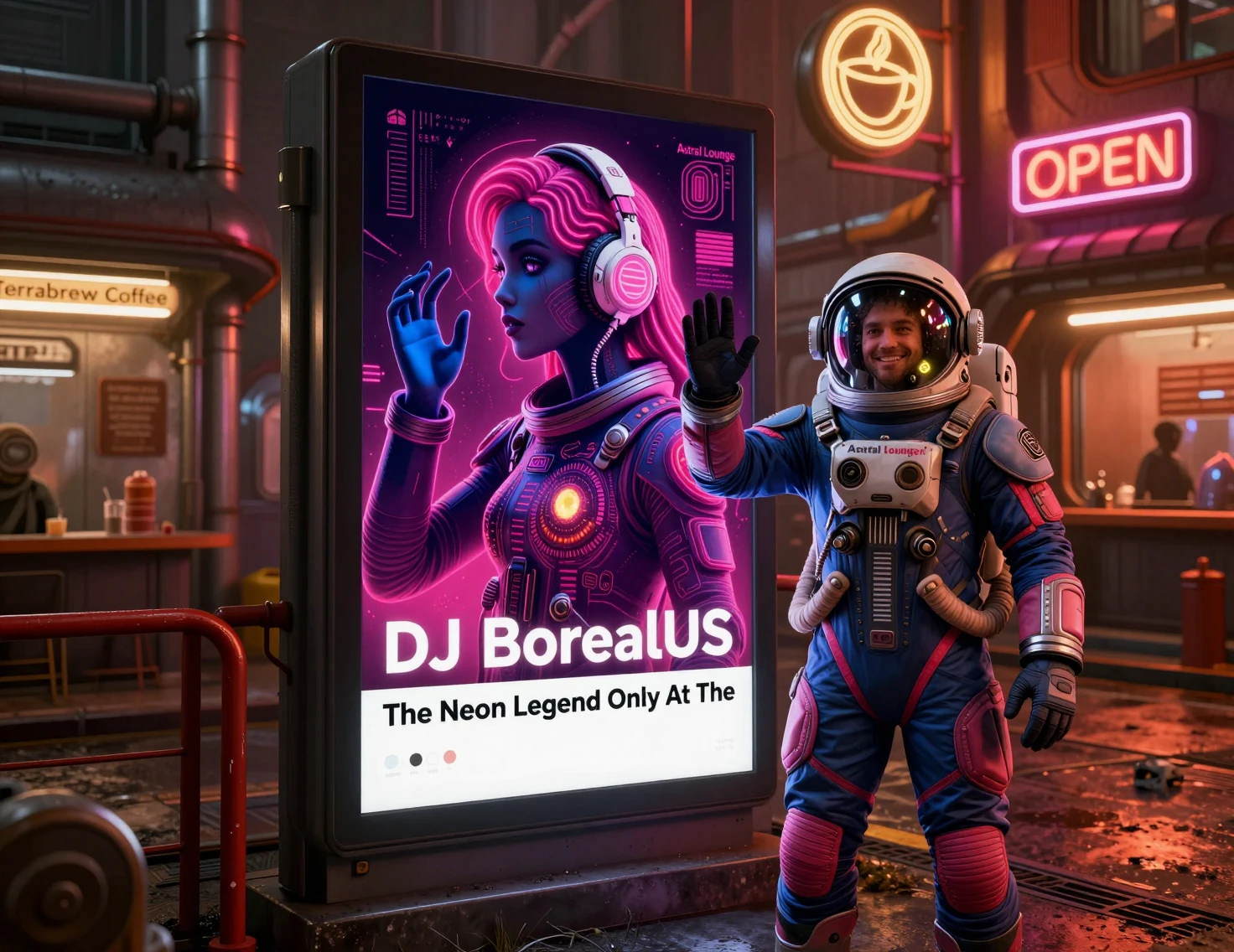 Astronaut Waving Beside Neon DJ Poster In Futuristic Street