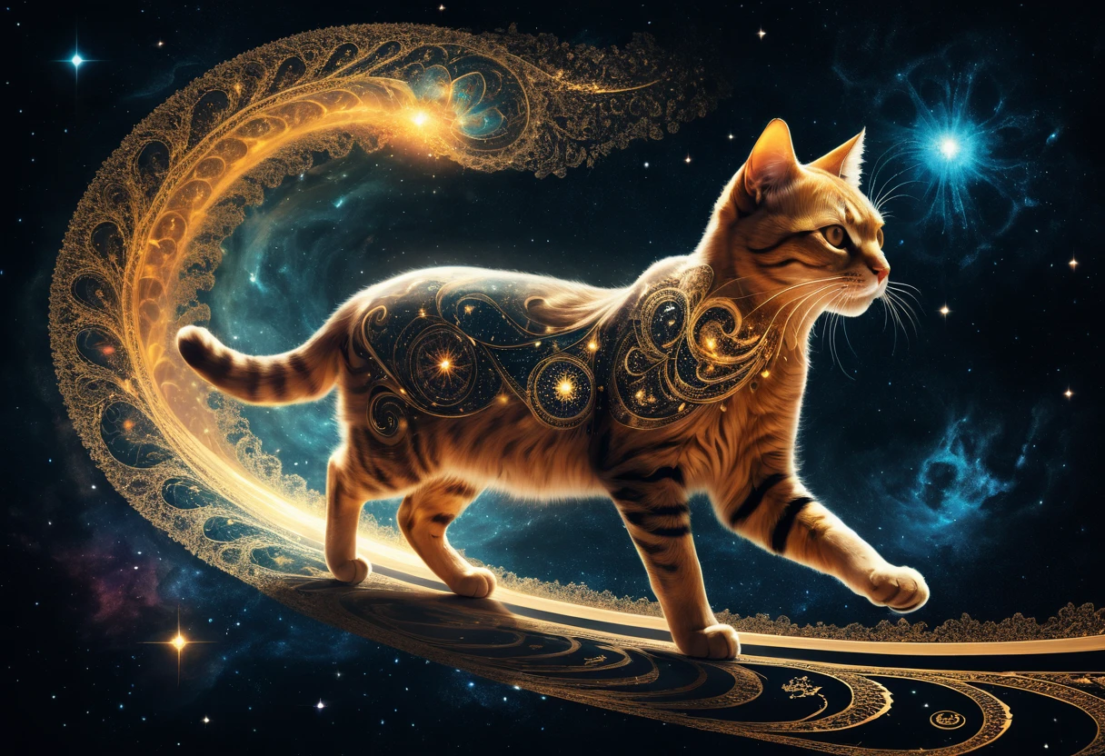 Surreal cosmic cat racing through glowing fractal starlight
