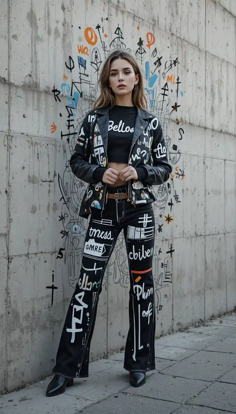Confident street fashion woman with doodle art overlay