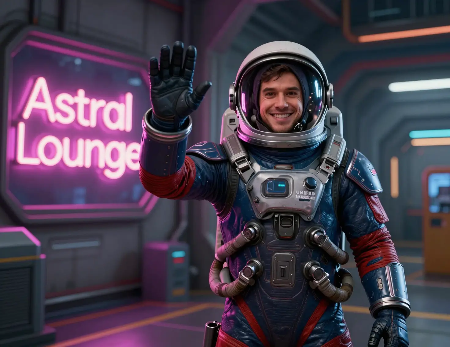 Lächelnder Astronaut winkt neben einem Neon‑Schild der Astral Lounge