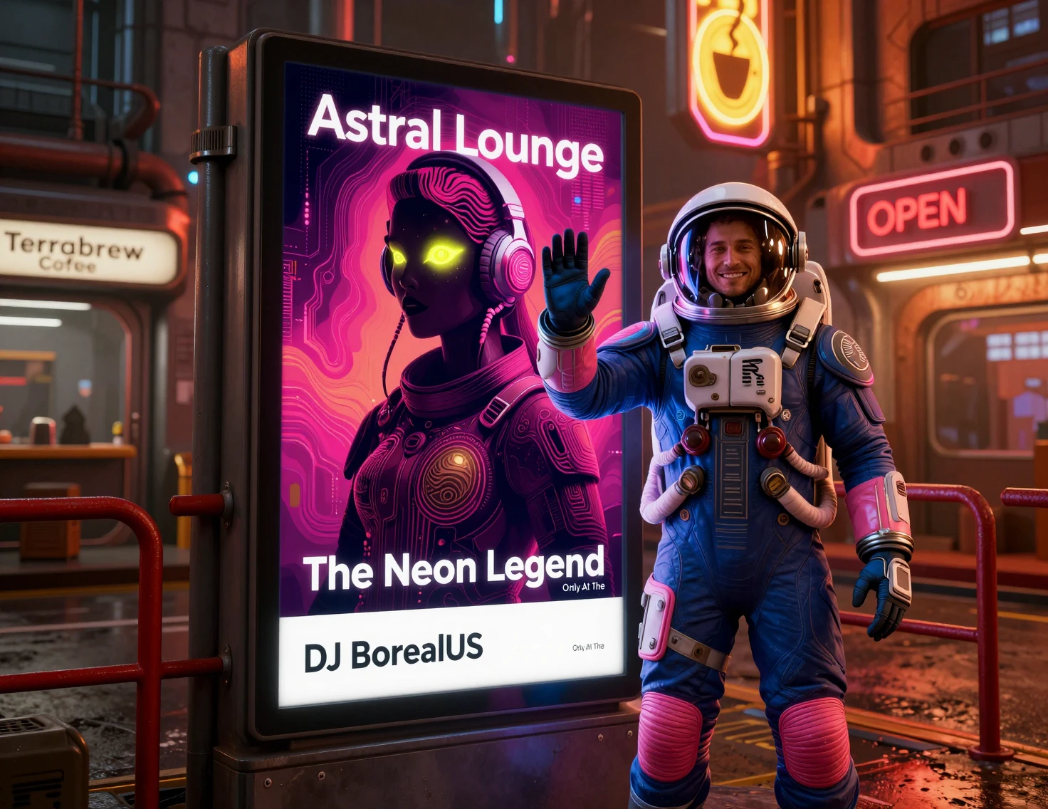 Astronaut waving beside neon DJ poster in sci fi street