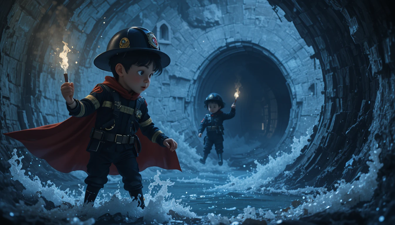 Child facing the darkness in a mysterious fantasy well