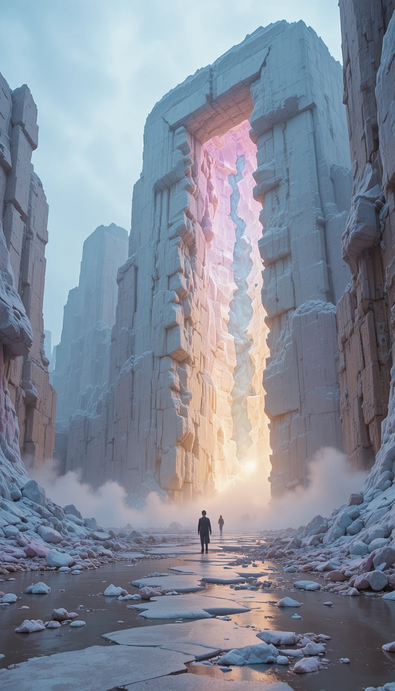 Colossal pastel monoliths in a desolate surreal landscape