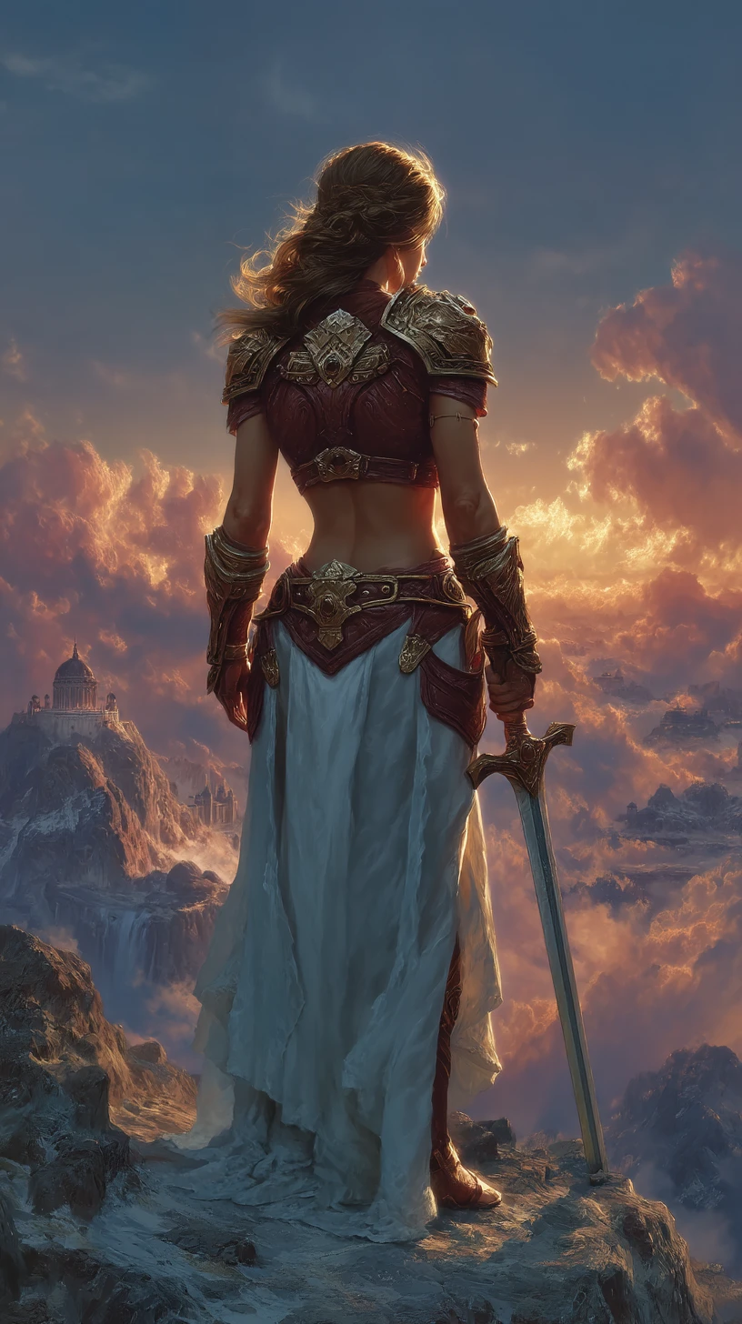 Fantasy warrior woman on a cliff at dramatic dawn backlight