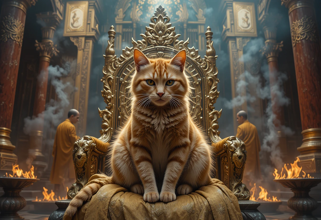 Surreal ginger cat on a golden throne in ancient temple