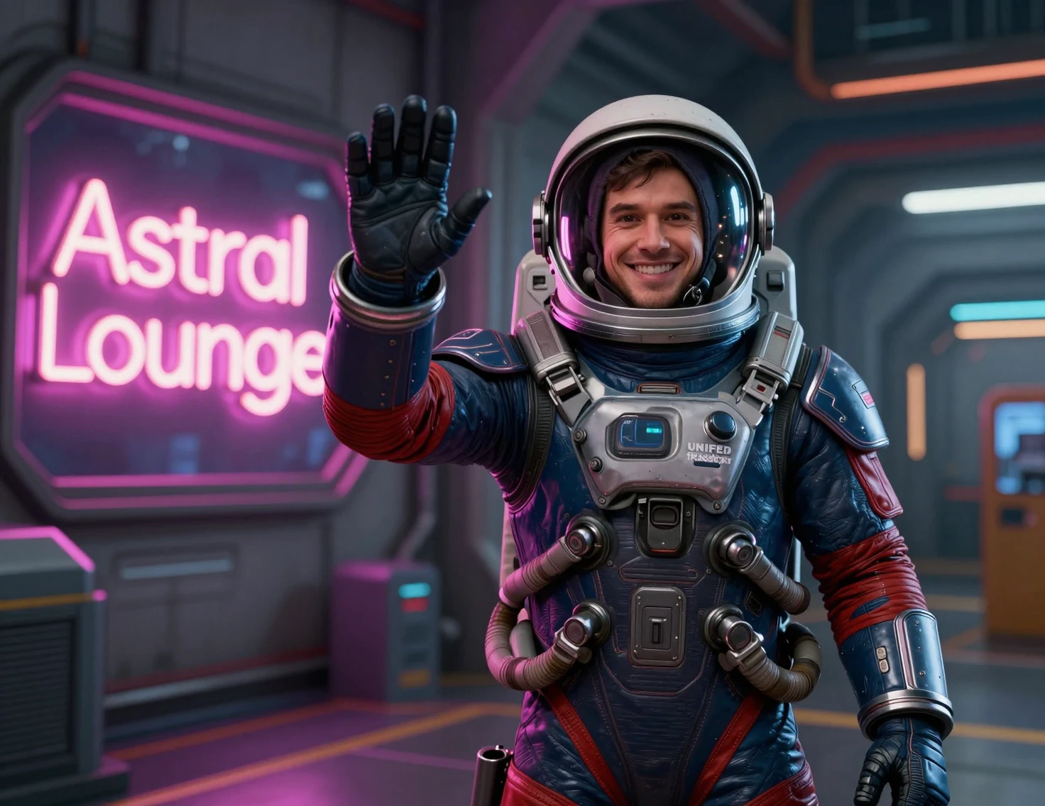 Smiling astronaut waving beside neon astral lounge sign