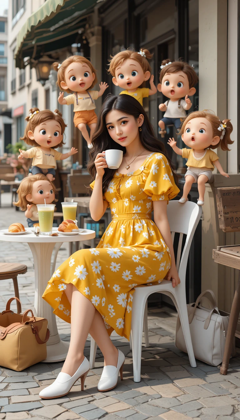Woman in yellow dress with coffee at city street cafe