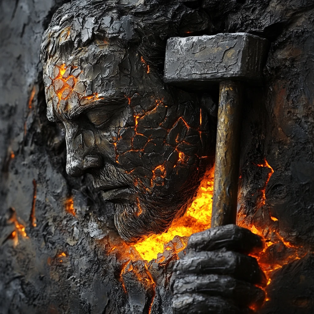 Mythic blacksmith forging a radiant soul in fire